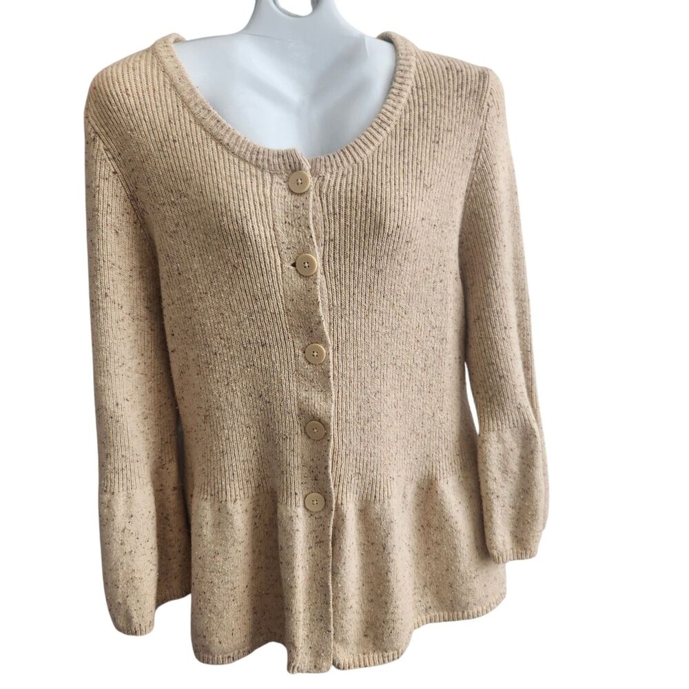 Coldwater Creek-Oatmeal Fleck-Peplum Cardigan-Bell Sleeve-Wool X Knit-1X-Boho